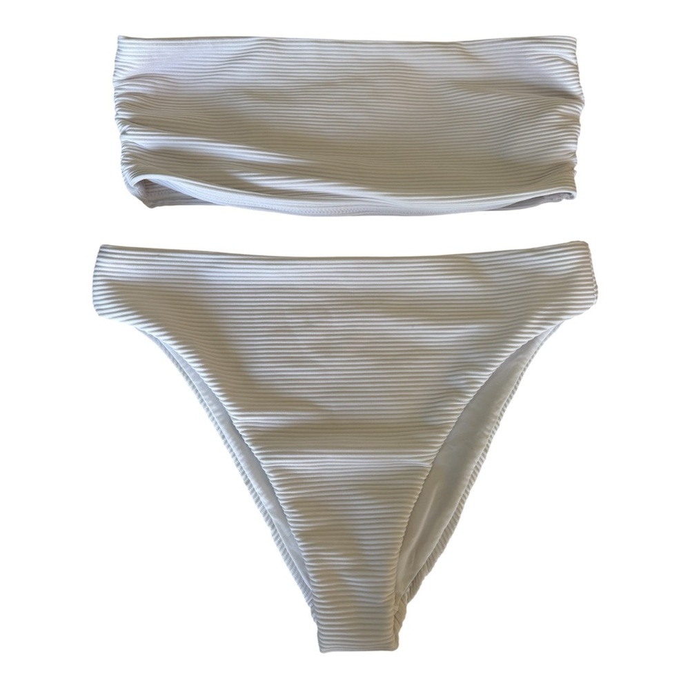 Seafolly Australia white ribbed bikini set- bandeau high rise bottoms sz US 10